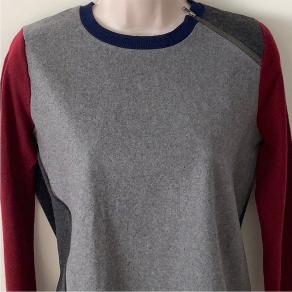 J. Crew Mixed Media Gray Navy Burgundy Wool Zipper Details Sweater S - Picture 2 of 7